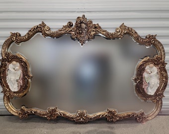 Vintage French Italian Rococo Louis XV Style Gold Wall Mantle Mirror w Figures