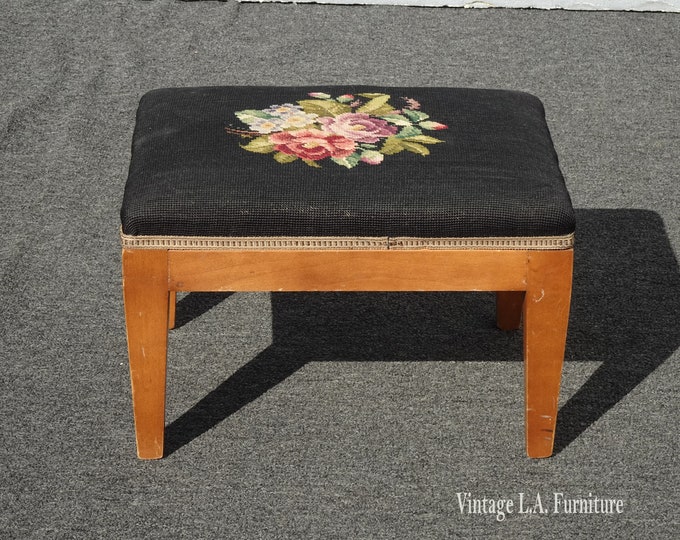 Vintage French Country Black Floral Tapesty Needlepoint Footstool Stool