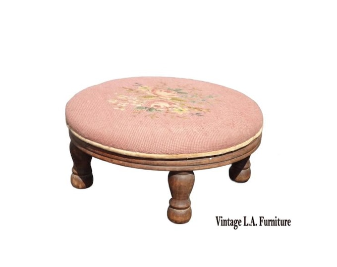 Authentic Antique Round Pink Floral Tapestry Needlepoint Footstool Stool