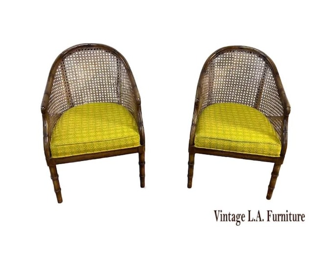 Pair Vintage Mid Century Bamboo Cane Barrel Chairs w Yellow Green Blocked Fabric