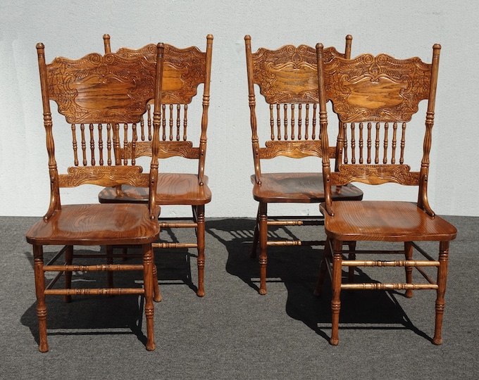 Set of Four French Country Oak Pressed Back Dining Room Chairs ~ Press Back