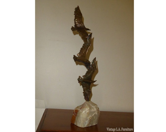 Vintage Signed Curtis Jere 'Birds In Flight' Bronze Sculpture Quartz Base 1970's