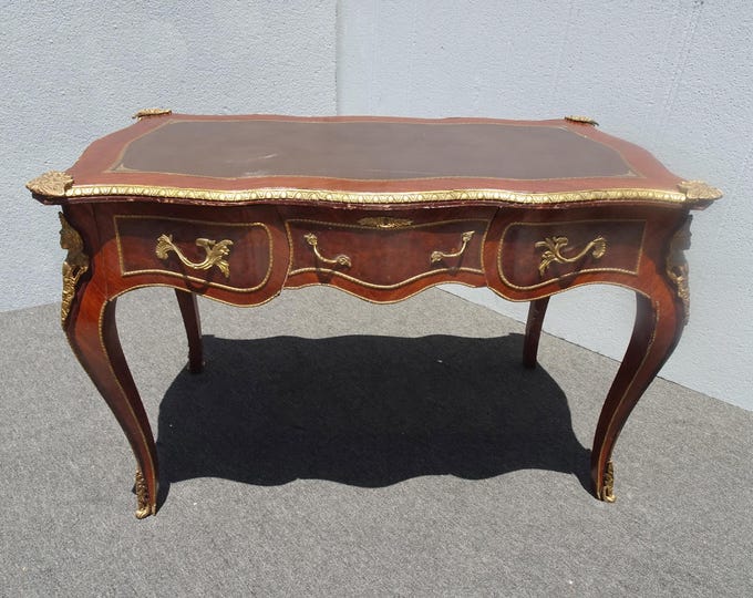 Vintage French Louis XV Bureau Plat Writing Desk Ornate Brass Ormolu Leather Top