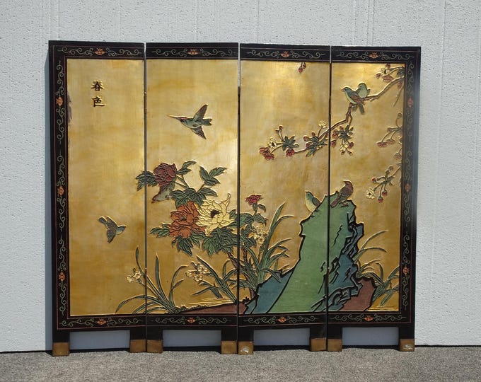 Vintage Chinese Coromandel Picture Wall Decor Gold Leaf Four Panel Screen Signed