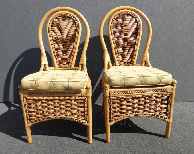 Pair Tommy Bahama Style Rattan Bamboo Bentwood Accent Chairs Leather Bindings