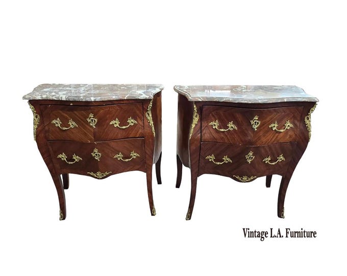 Antique French Louis Marble Bombe Nightstands w Brass Ormolu Hardware