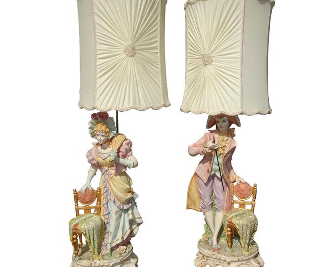 49" Tall ~ 1950s Vintage Capodimonte Style Figural Table Lamps ~ Made in Italy