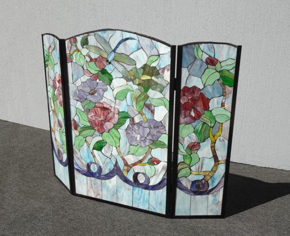 か*め様 Tiffany & Co. 花柄フォトフレーム Vintage Tiffany Style Wrought Iron Three Panel Stained Glass