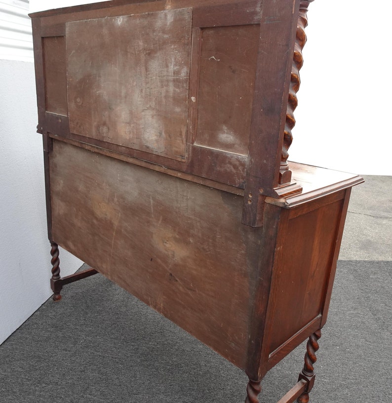 Antique Barley Twist Oak Wood Sideboard Buffet With Mirror Backsplash