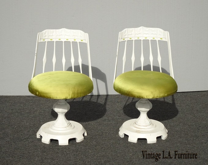 Pair Vintage Mid Century Cast Iron Swivel White Counter Stools Barstools Spanish