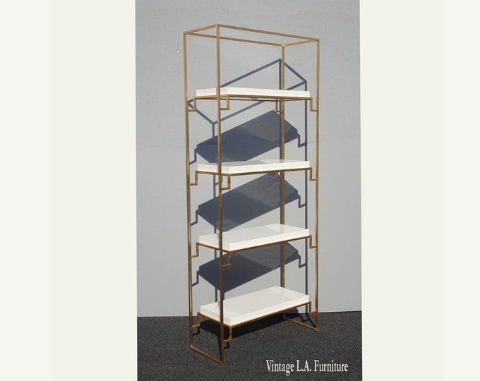 Modern Contemporary Gold Gilt Greek Key White Stone Etagere Bookshelf Bookcase