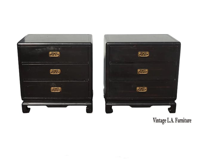 Vintage Williams Sonoma Nightstands Ming Asian Chinoiserie Black Side Tables