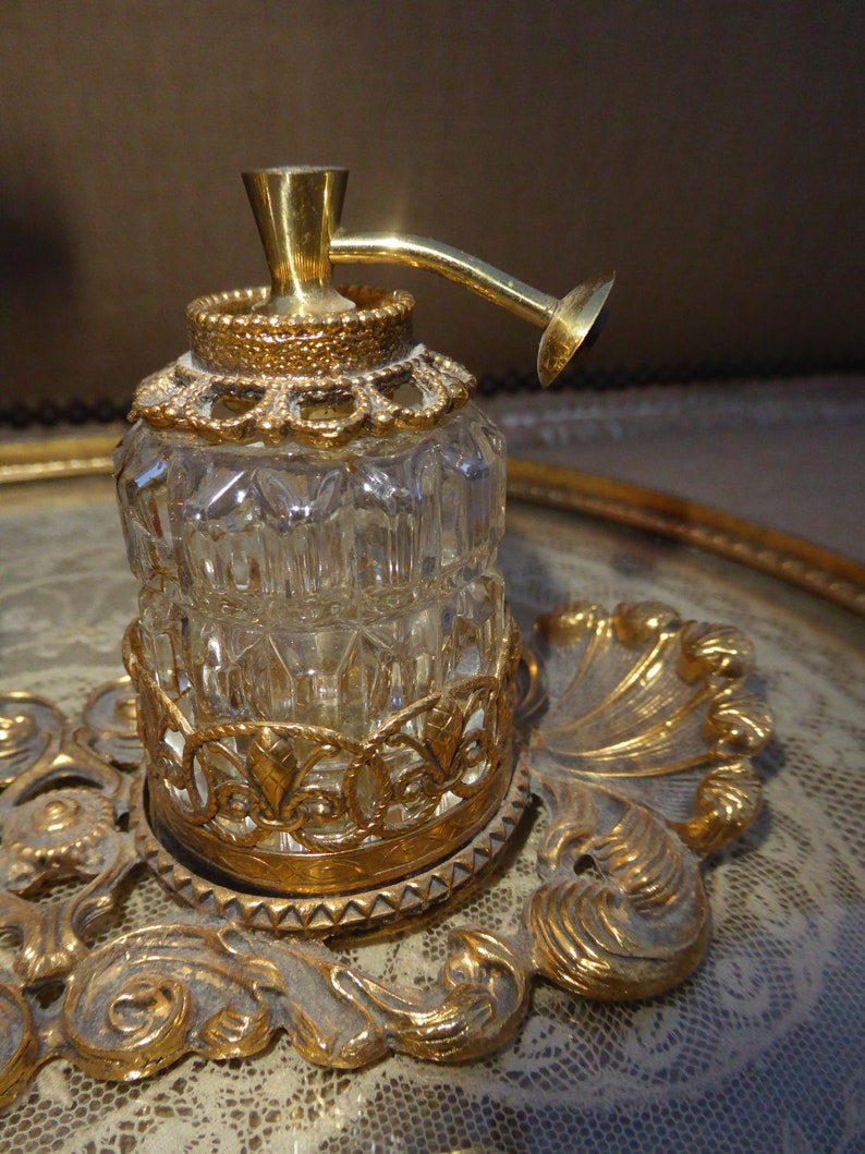 Vintage Ornate Ormolu Gold Filigree Perfume Tray w 3 Glass Perfume Bottles image 9