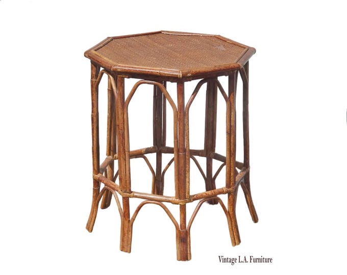 Vintage French Country Brown Bamboo Rattan Side Table ~ End Table