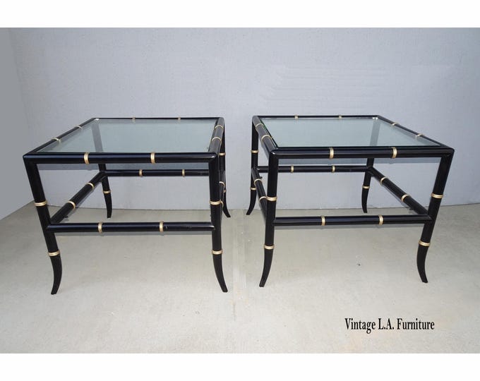 Pair of Black Ebonized Bamboo Style Wood & Glass End Tables ~ Italian Style