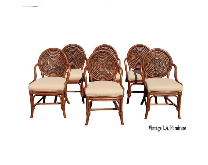 Six Vintage McGuire Style Brown Bamboo Rattan Round Back Chairs Leather Straps