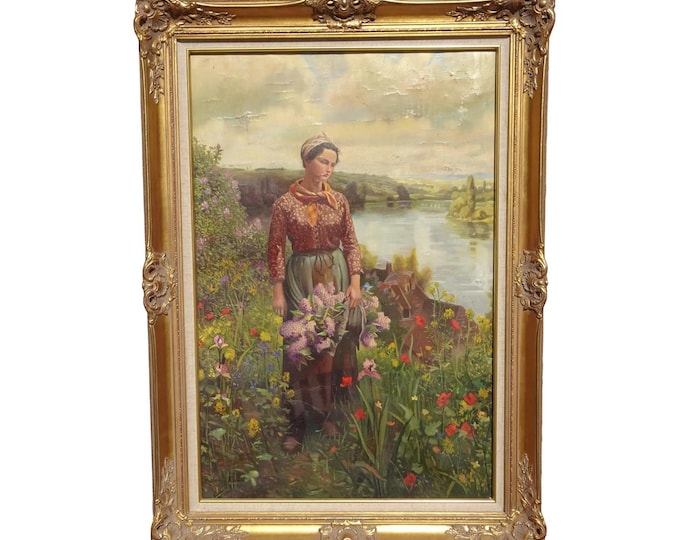 Ant. French Gold Oil Painting Picture Women in Field of Flowers signed Ridgeway Knight