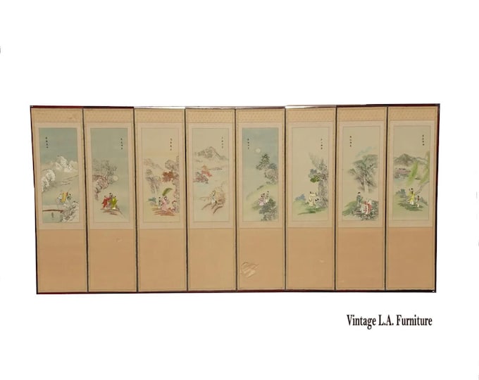 Antique Asian Eight Panel Embroidered Silk Screen Room Divider ~Caligraphy Back