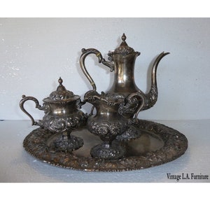 4 Piece Stieff Repousse Sterling Silver Rose Tea Set Hand Chased w Rose Tray image 1