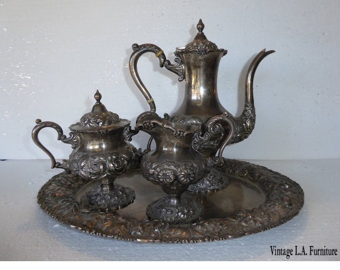 4 Piece Stieff Repousse Sterling Silver Rose Tea Set Hand Chased w Rose Tray