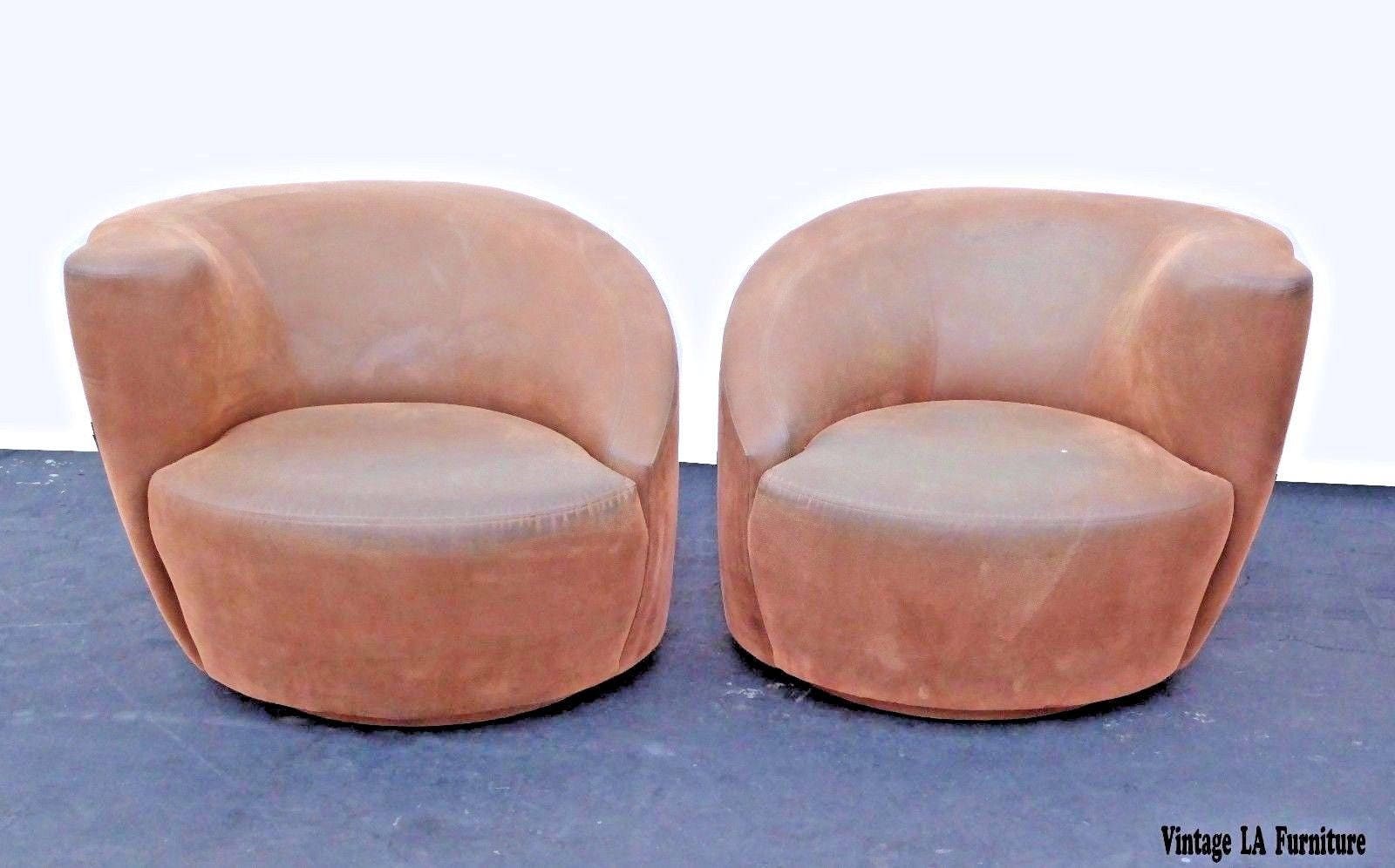 Pair of Vintage Vladimir Kagan Style Brown Suede Swivel Club Chairs