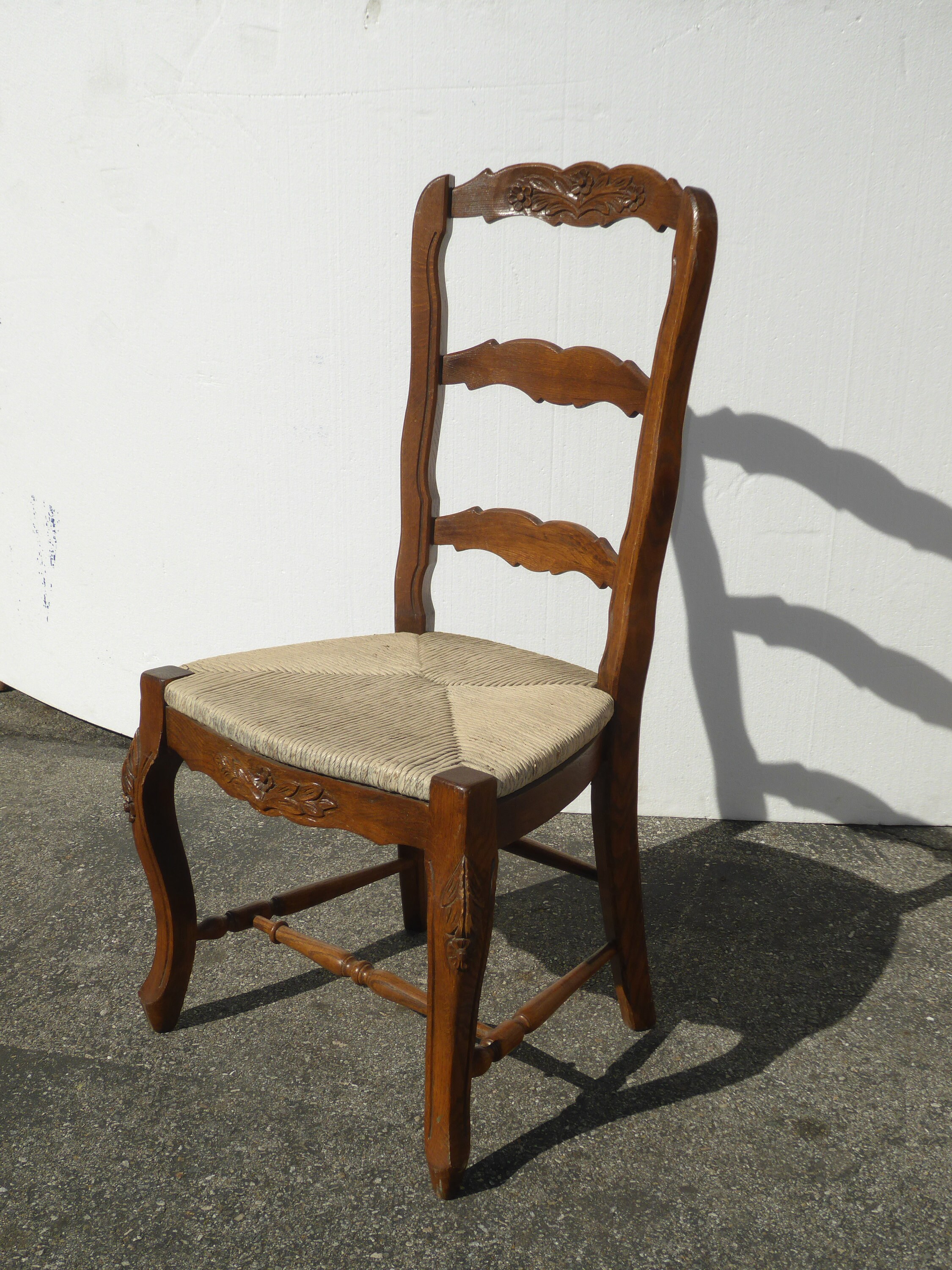 Four Vintage French Country Oak Ladderback Rush Dining Room Chairs