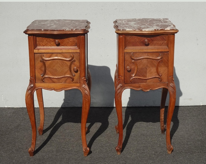 Pair of Antique French Provincial Louis XV Nightstands Side Tables W Marble Top