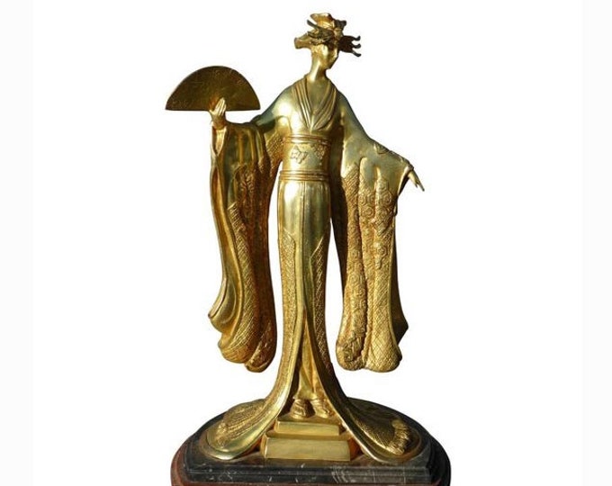 Vintage Art Deco Brass Oriental Asian Geisha Holding Fan Statue ~ Double Marble