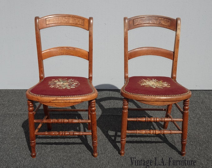 Pair Antique French Country Farmhouse Red Tapestry Needlepoint Accent Chairs