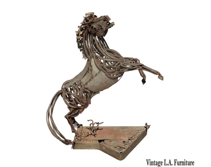 37"Tall Vintage Mid Century Brutalist Welded Metal Horse Sculpture Statue Stand