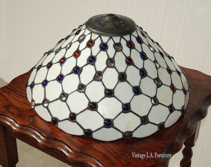 Vintage Stained Glass White Tiffany Lampshade w Marble Sized Colored Glass