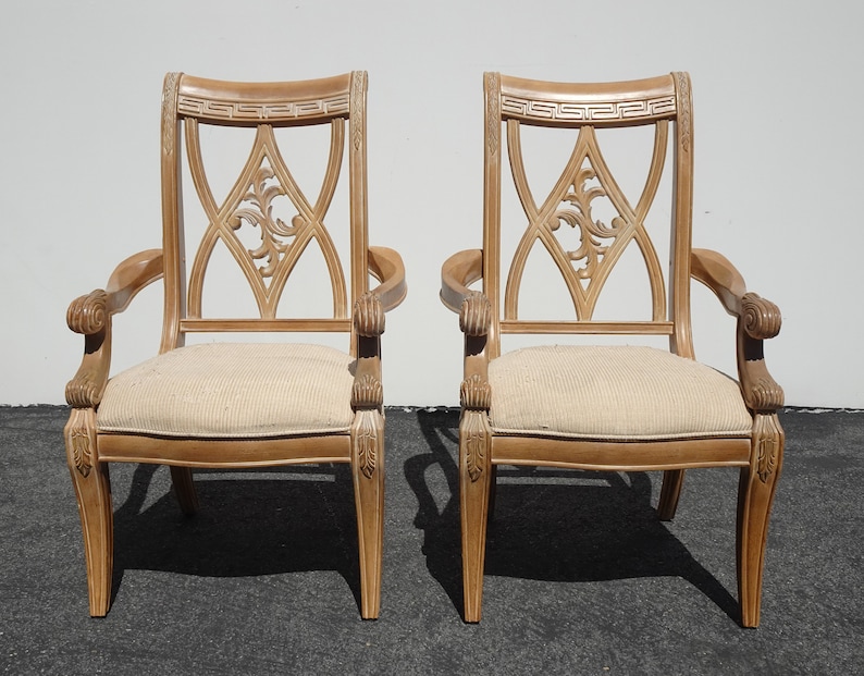 Pair Vintage Bernhardt Furniture Solid Wood Dining Room Armchairs