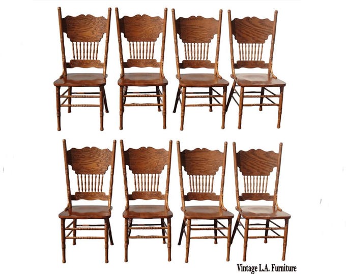 Set of Eight Vintage Oak Pressback Dining Room Chairs ~ French Country
