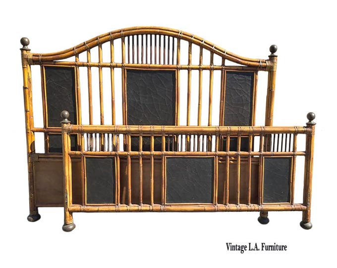 Vintage Baker Furniture Bamboo Coastal King Bed Frame Headboard Black Lacquer