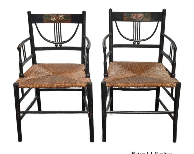 Pair of Vintage Black Arts and Crafts Sussex Chairs w Rush Seats