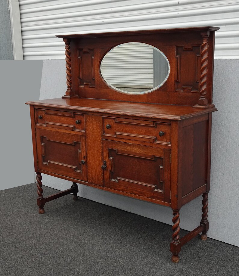 Antique Barley Twist Oak Wood Sideboard Buffet With Mirror Backsplash