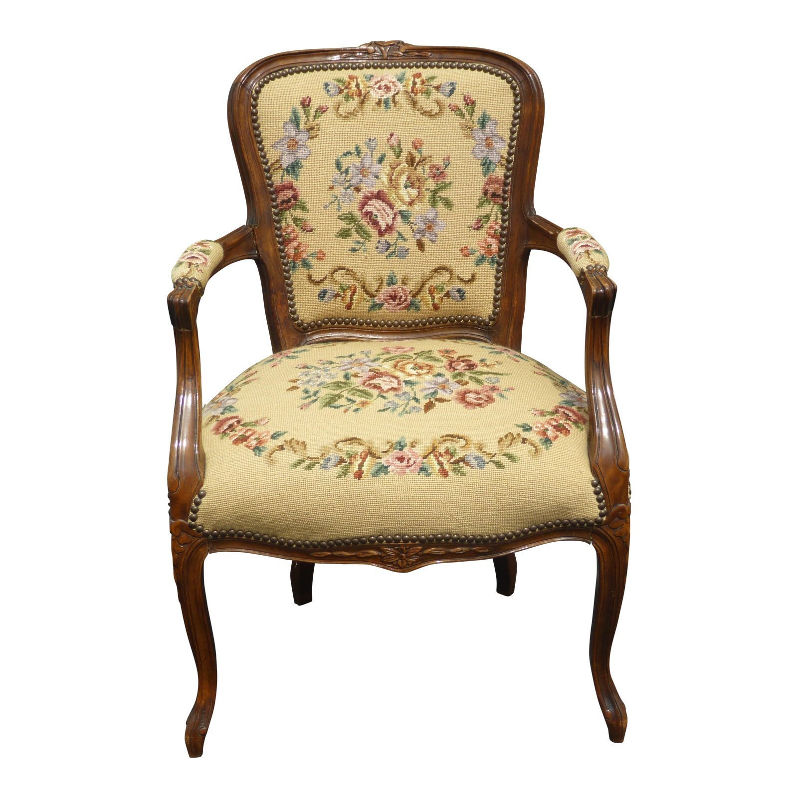 Vintage French Provincial Gold Tan Floral Tapestry Accent Chair