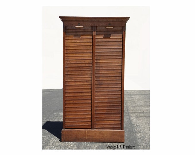 Antique 70" Tall Double Oak Tambour Doors File Cabinet ~ 21 Drawers w Keys