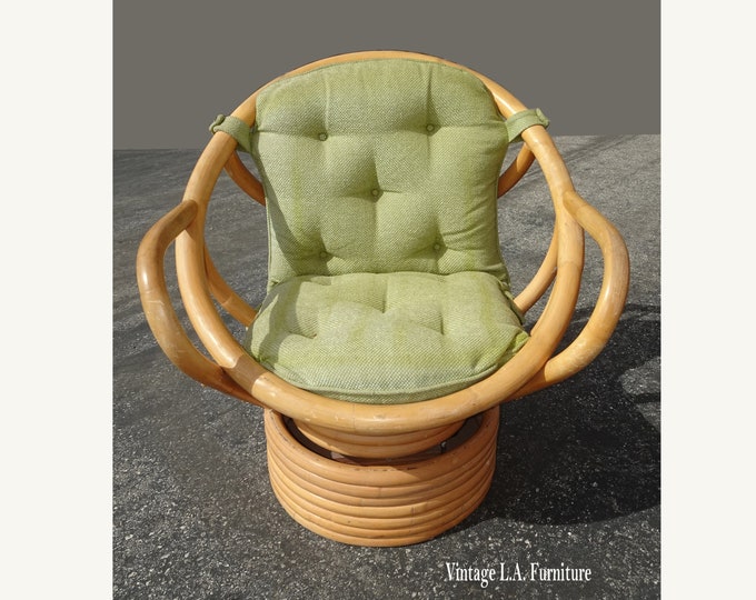 Vintage 1960's Swivel Bamboo Lounge Chair Mid Century w Green Tufted Cushion