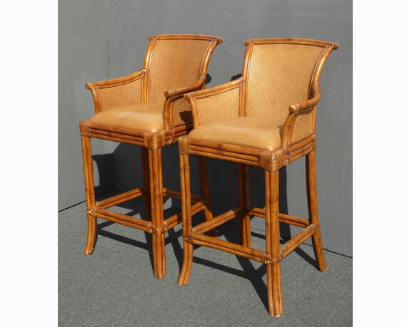 Pair Vintage Tiki Palm Beach Style Rattan Brown Leather Bar Etsy