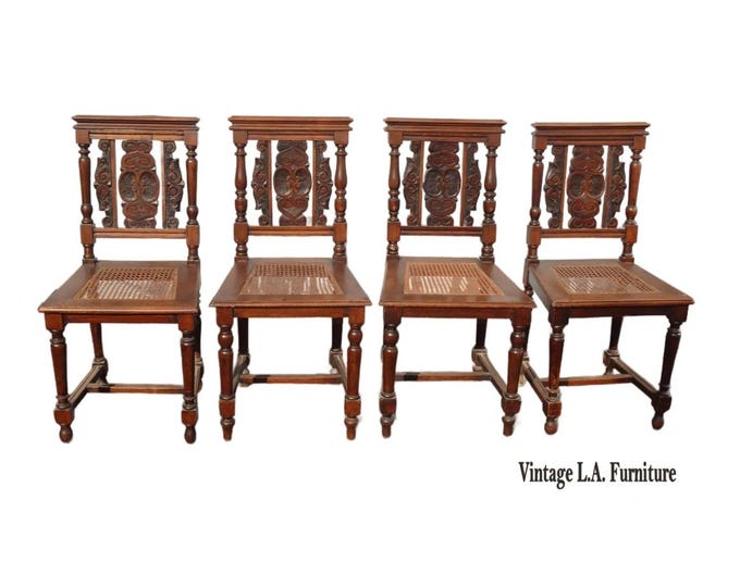 Set of Four Antique French Brittany Carved Cane Seat Dining Room Chairs