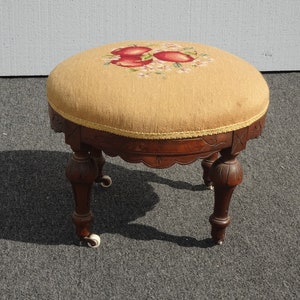 Vintage French Country Brown with Floral Tapestry Needlepoint Footstool