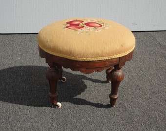 Vintage French Country Brown with Floral Tapestry Needlepoint Footstool