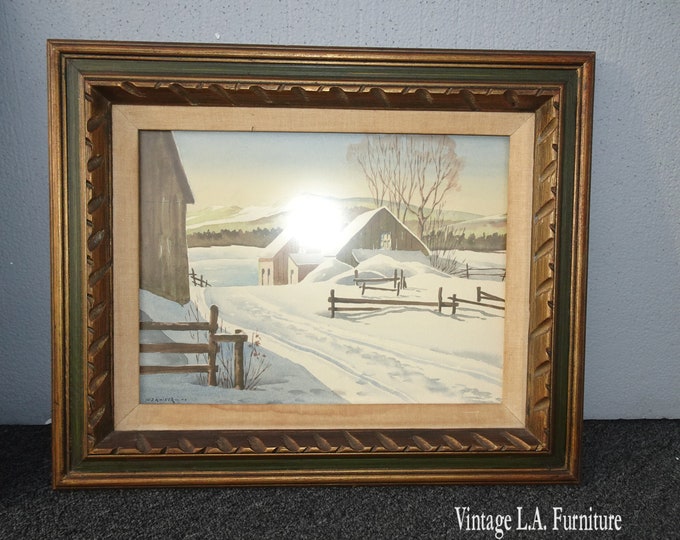 Vintage Print of Barn in Winter Snow by W E Kaiser 1944