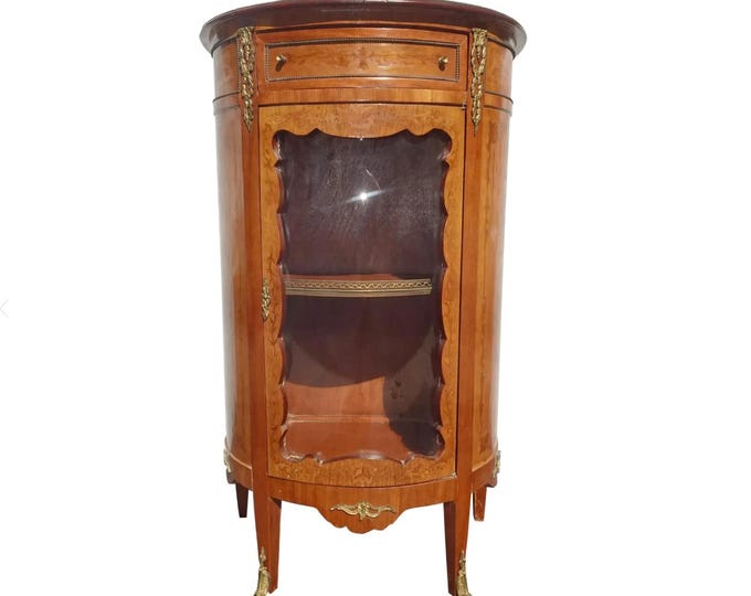 Antique French Louis XV Display Cabinet Vitrine w Marquetry Inlay Brass Accents