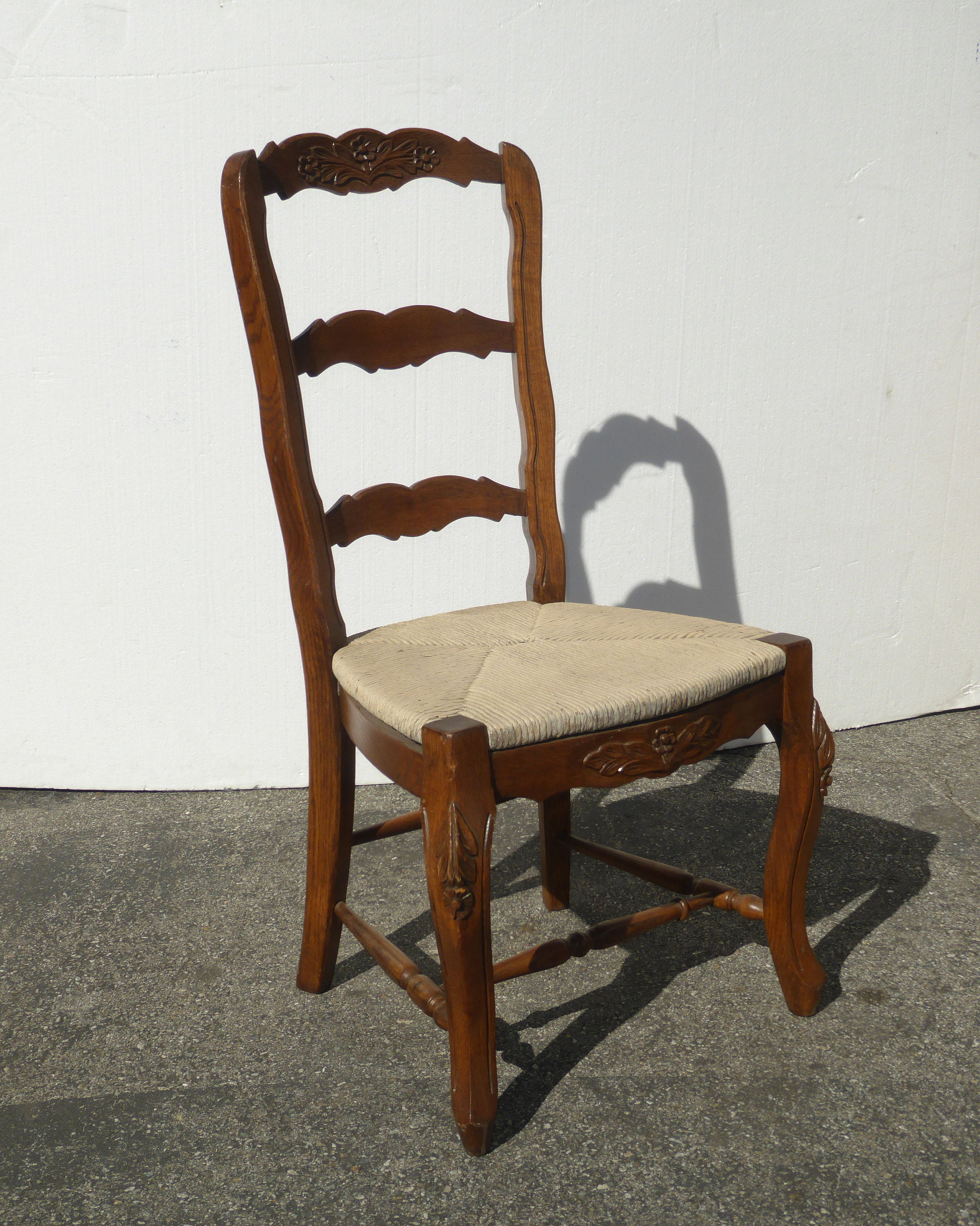 Four Vintage French Country Oak Ladderback Rush Dining Room Chairs