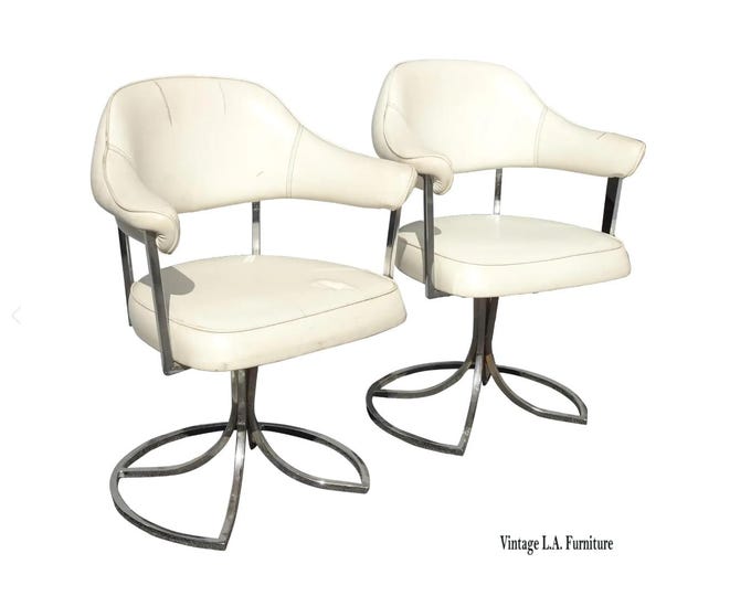 Pair Mid Century Atomic White Chrome Swivel Club Chairs ~ Bruno Mathsson Style