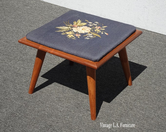 Vintage Mid Century Modern Blue Needlepoint Tapestry Footstool Stool Bench