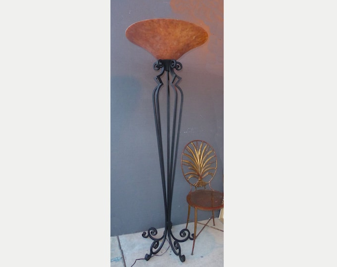 Tall Spanish Style Wrought Iron Floor Lamp w Upside Down Lampshade