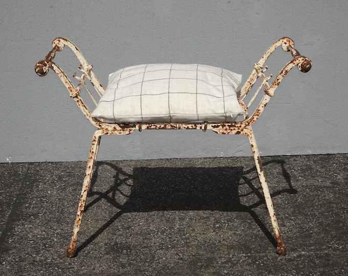 Vintage Rustic Solid Wrought Iron Bench White Cushion French Country Style